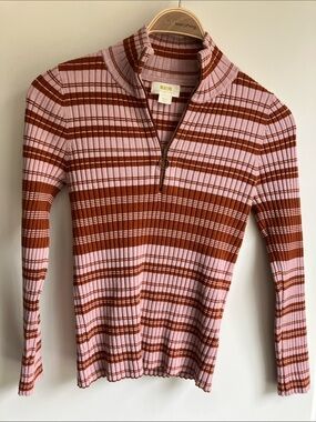 MAEVE by Anthropologie Pink/Rust Striped Rib Knit Quarter-Zip Sweater Size S